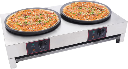 Electric Crepe Maker & Griddle, 3.4KW Double Headed Electric Crepe Pan with Residue Tray, 50-300℃ Temp Adjustable, Stainless Steel Non-Stick Baking Pancake Machine for Crepes, Pancakes