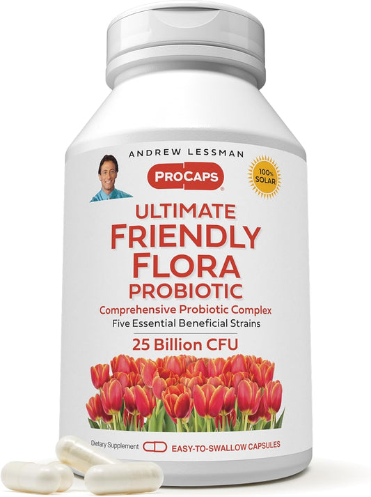 ANDREW LESSMAN Ultimate Friendly Flora Probiotic 120 Capsules - 25 Billion CFU, Comprehensive Blend of Five Probiotic Strains, Powerful Immune and Digestive Support. Probiotics for Women or Men