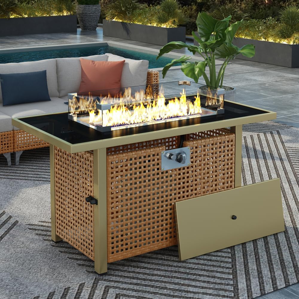 43 Inch Propane Fire Pit Table with Open Weave Wicker Design for Patio Garden Backyard - Orange and Yellow Outdoor Fire Table (Fire Pit Table - Orange & Mustard Yellow)
