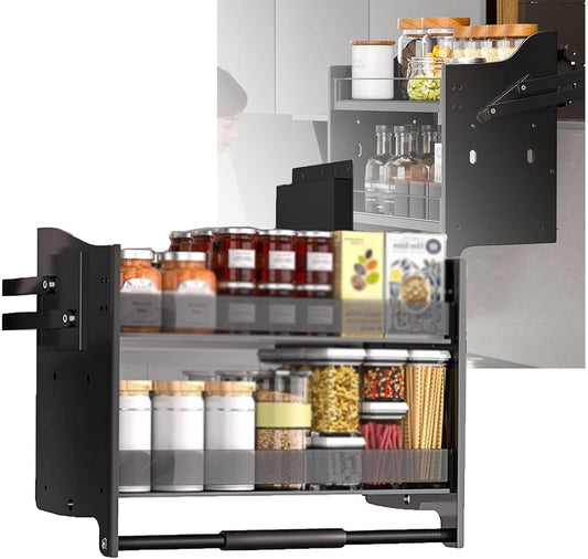 XLTFUC Aluminum Pull-Down Cabinet Organizer - 2 Tier Kitchen Cabinet Pull-Down Shelves, 4 Load-Bearing Settings for Kitchen Appliance Lift Upper Cabinets(36x26x54cm)