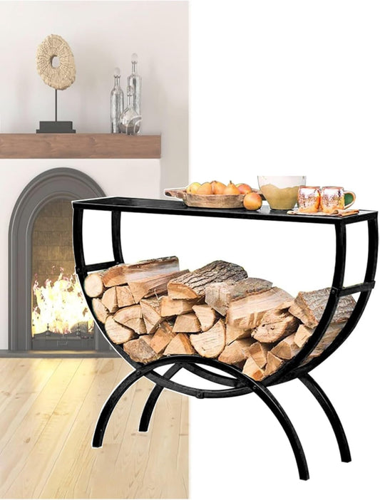 Fireplace Grate,Fireplace Log Holder,Curved Firewood Rack,Indoor Outdoor Log Firewood Holder, Metal Fireplace Wood Storage(100x82x35cm)