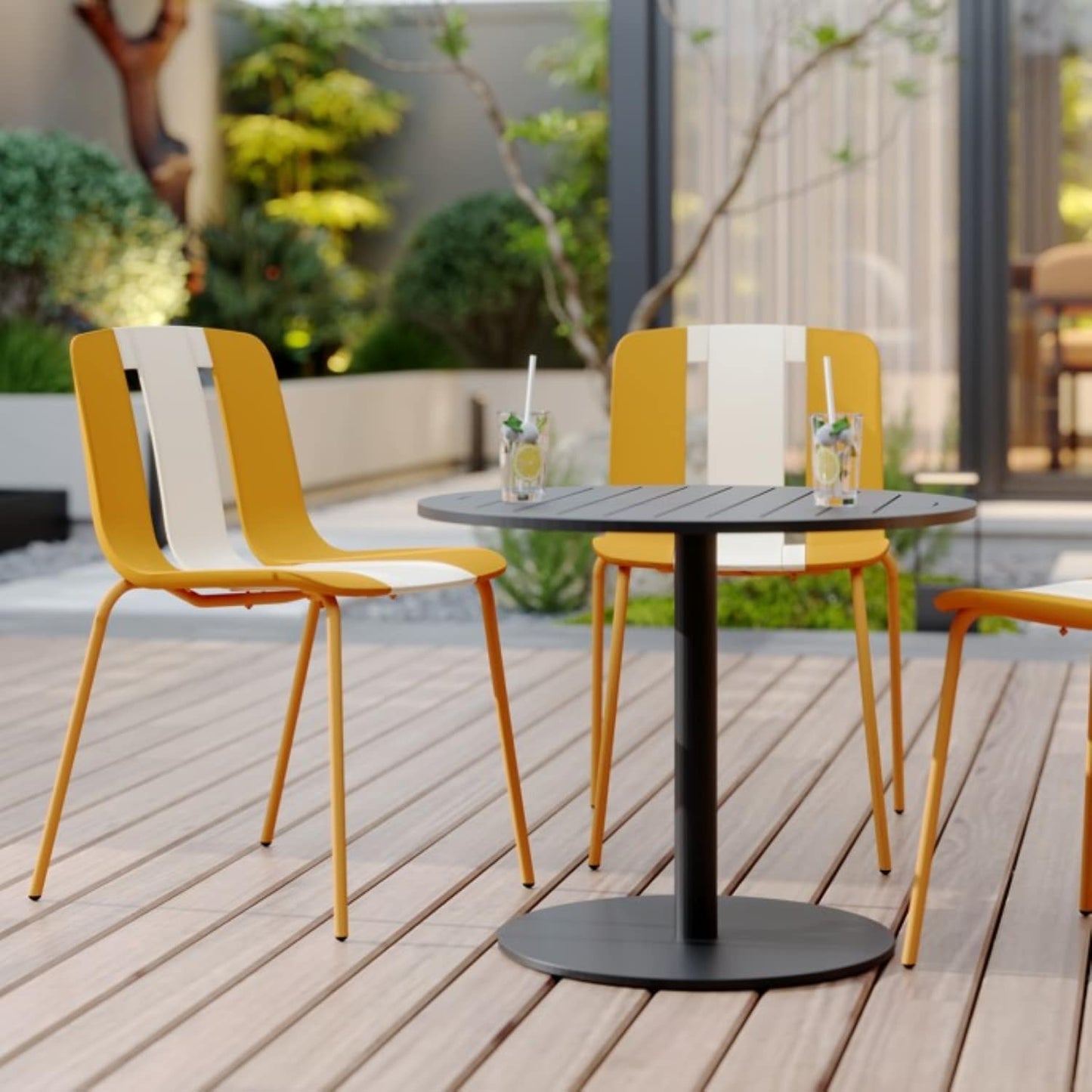 Homy Casa PMSCBC Garden Outdoor 4-Pack Striped Color Block Chairs Set of 4 White Orange Beige Plastic Seat with Metal Legs