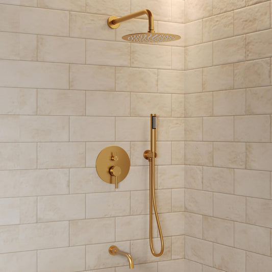 GRANDJOY Rainfall Brushed Gold 10-in Built-In ShowerÂ FaucetÂ System with 3-way Diverter ( Pressure-balanced Valve Included )