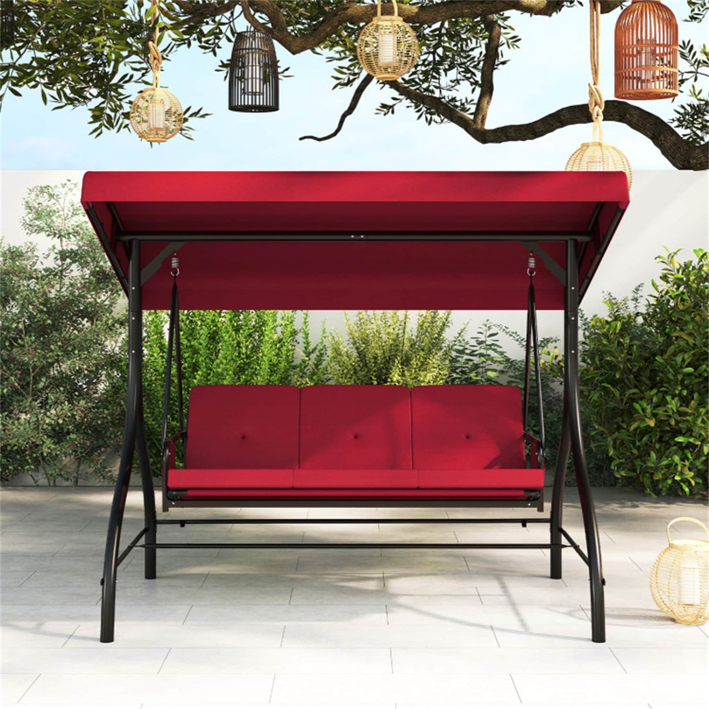 BABOOM 3-Piece Patio Swing with Canopy Removable Cushions 3 -person RED Steel Outdoor Swing bed