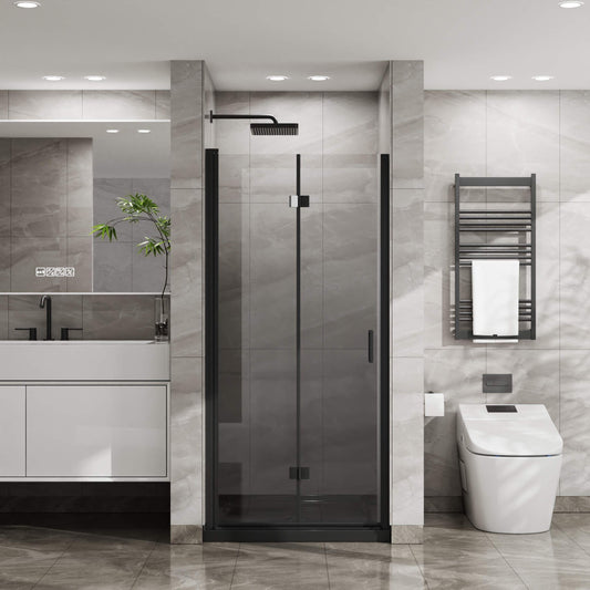 Aveyas Bifold Frameless Glass Shower Door 1/4 inch Tempered Clear Glass Pivot Swing Panel Black Finish