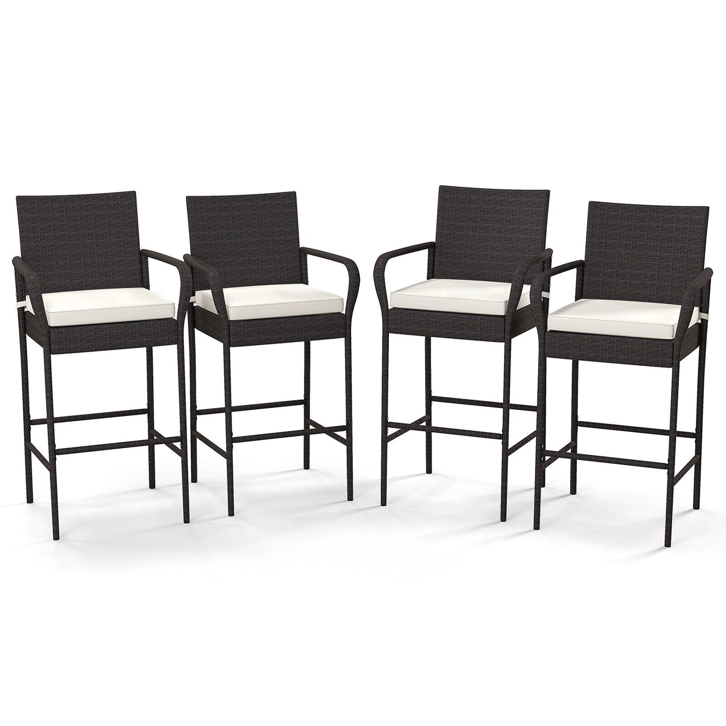 YERIVA Set of 4 Rattan Mix Brown Rattan Frame Stationary Bar Stool Chair with Off-white Cushioned Seat