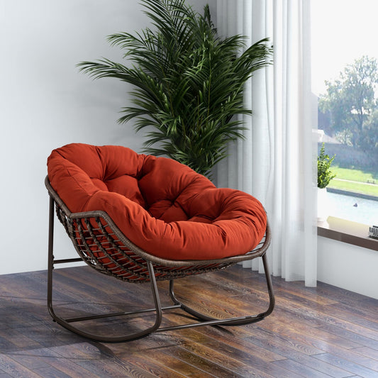 Miki Shinly Rattan Rocking Chair Woven Polished Steel Frame Rocking Chair with Orange Cushioned Seat