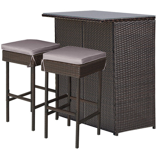 YERIVA 3 -Piece Brown Rattan Bar Height Patio Dining Set Rattan Rectangle Table with 2 Gray Cushions Stationary Chairs