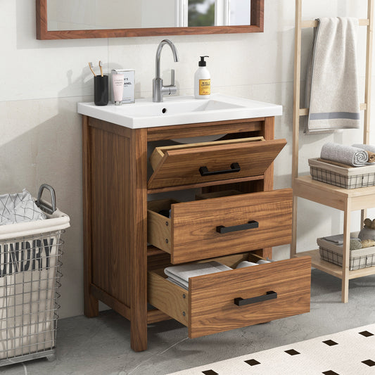 Tatayosi 24inch Modern Freestanding Bathroom Vanity with Ceramic Basin Sink 3 Drawers Single Sink Cabinet