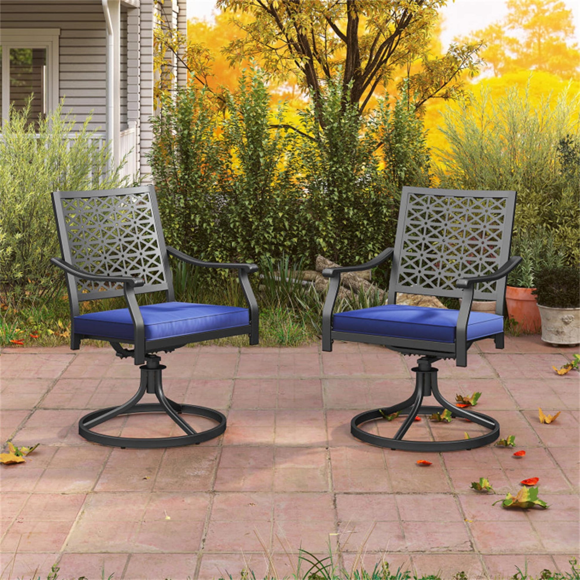 BABOOM Outdoor Chairs Set of 2 Black Steel Frame Swivel rocker Dining Chair with Navy Cushioned Seat