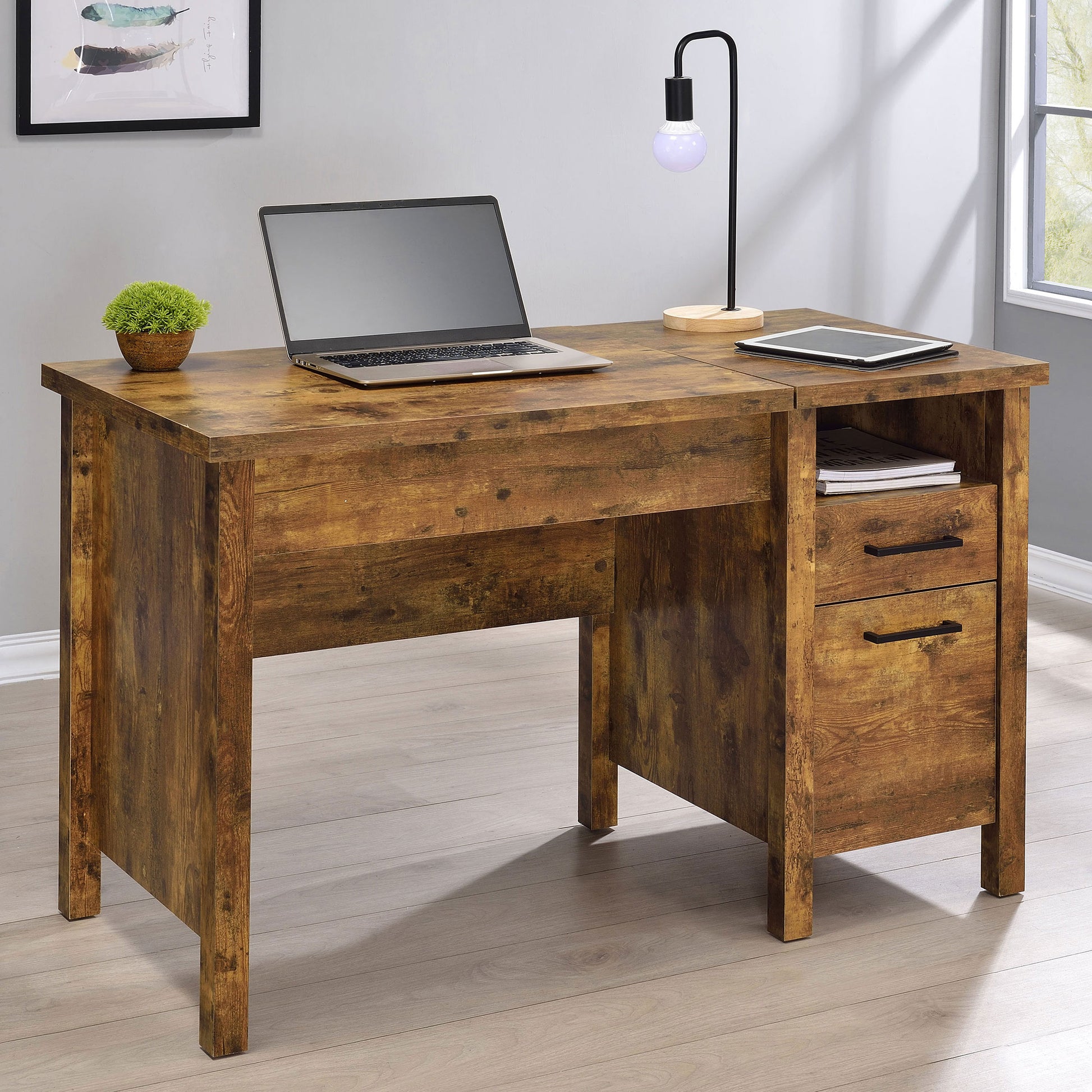 Tatayosi Chicolm Rustic Nutmeg Lift Top Desk with File Cabinet and Storage
