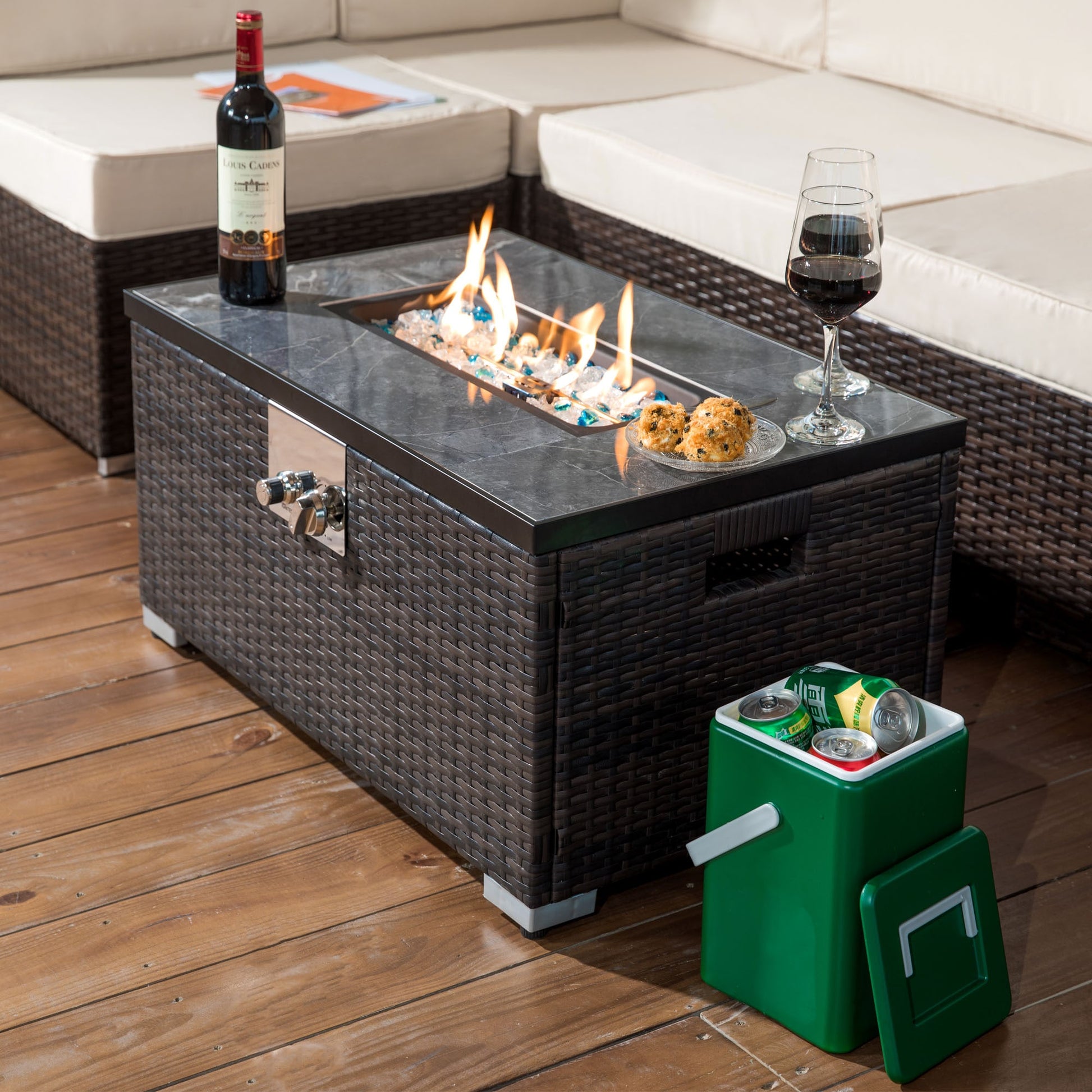 Tatayosi 32inch propane gas fire pit table 50000 btu rectangular fire pit tile tabletop with beautiful wicker base for outside patio deck garden courtyard brown