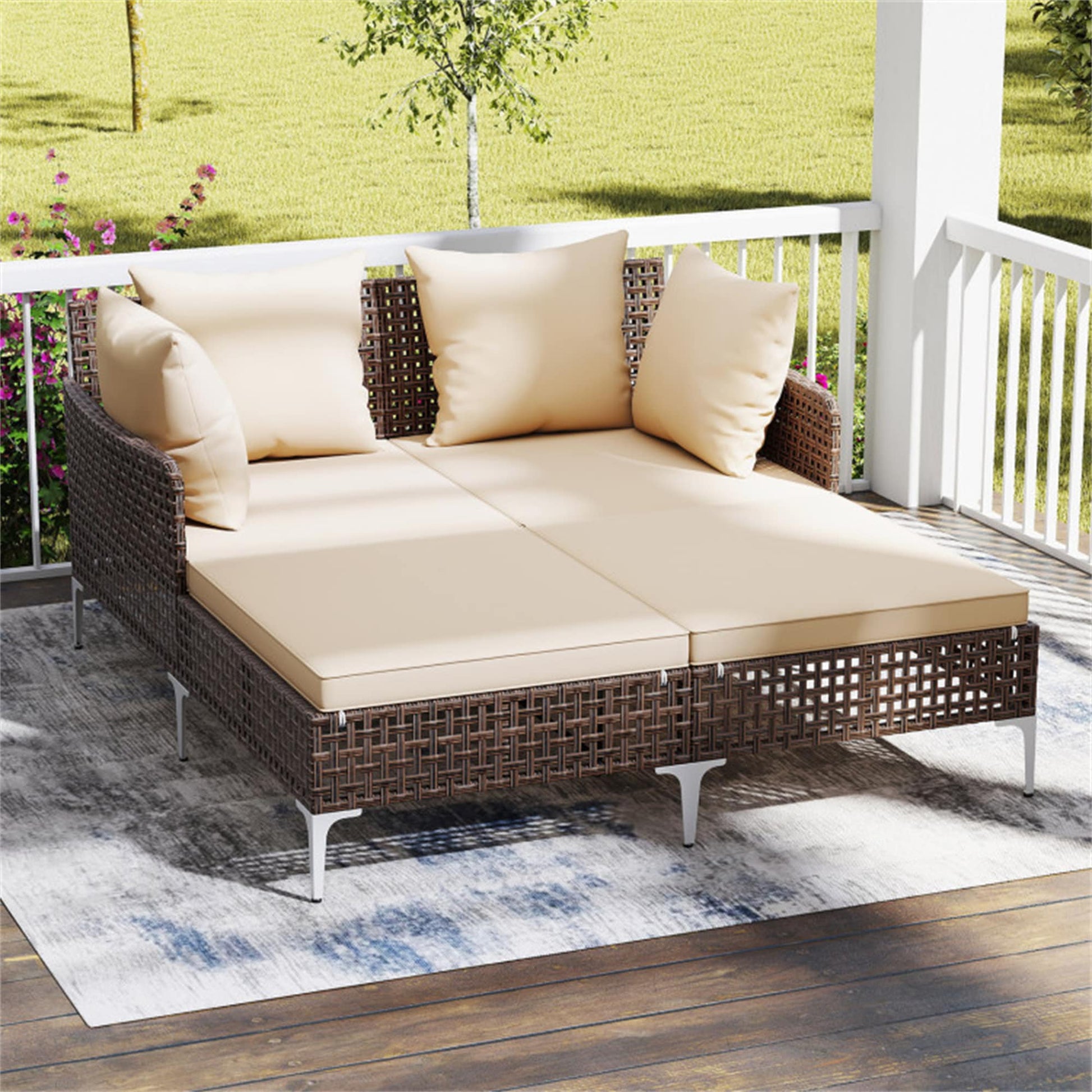 BABOOM Outdoor Rattan Double Daybed Wicker Chaise Lounge Rattan Outdoor Daybed with Off-white Cushions and Rattan Frame