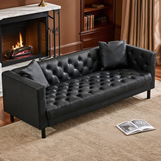 Der Rose Leather Chesterfield Sofa 3 Seater Deep Seat Handmade Button Tufted with Accent Pillows for Apartment Office