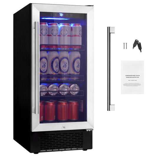 VEVOR Wine Cooler  96 Cans Capacity Under Counter Built in or Freestanding Wine Refrigerator  Beverage Cooler with Blue LED Light  Single Door  Child Lock for Drink Beer Soda Wine Water  ETL Listed