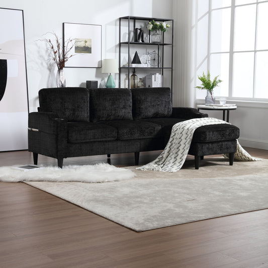 LOVMOR Cozy sectional sofa for three solid wood frame Chenille fabric side pocket with two cup holders footstool
