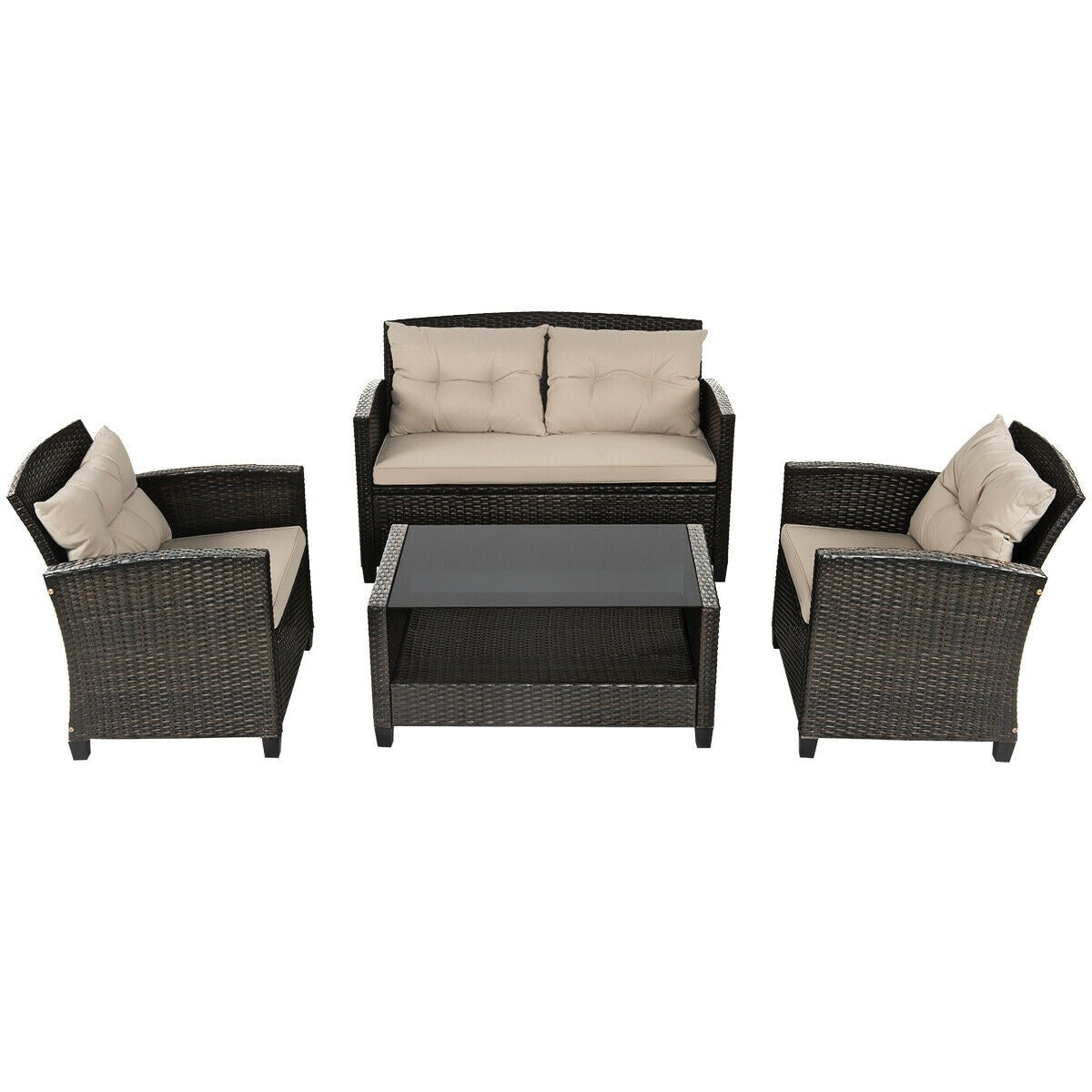 Slickblue 4-Piece Rattan Patio Conversation Set with 2 Single Sofas Loveseat and Beige Cushions Coffee Table Included for Patio Porch Garden or Poolside