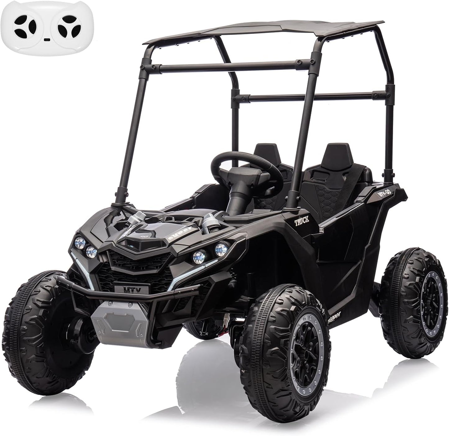 Qeetex 24V Ride On Utv for Kids 2 Seater Electric Truck with Sun Shade 4WD Electric Car Toy with Remote Control Led Lights 4 Shock Absorbersm One Click Start Music Player(Black)