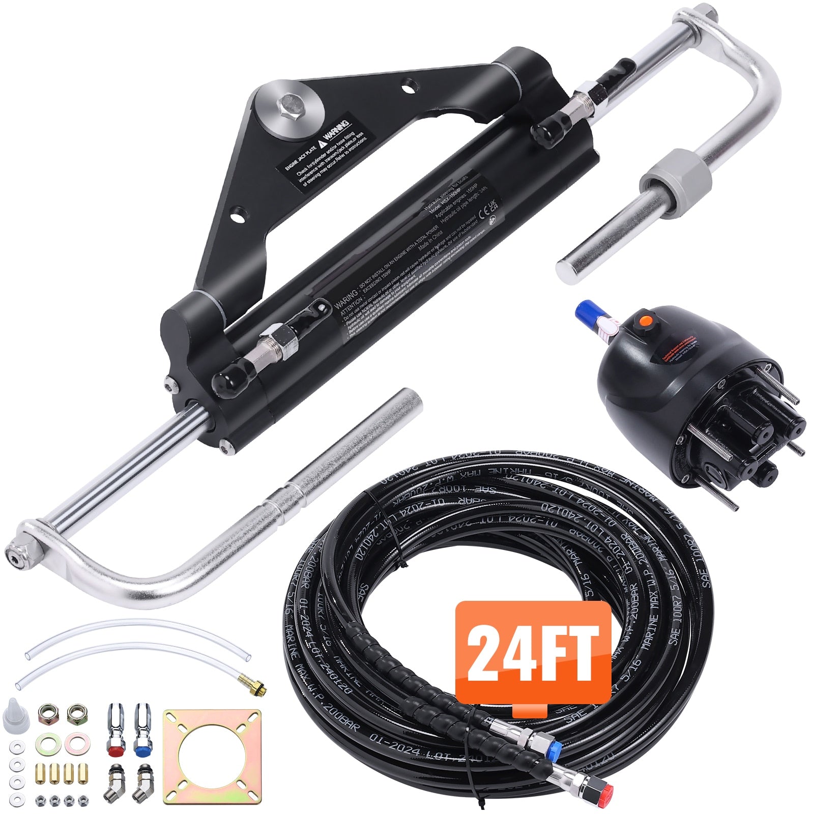 VEVOR Hydraulic Outboard Steering Kit  150HP  Marine Boat Hydraulic Steering System  with Helm Pump Two-Way Lock Cylinder and 24 Feet Hydraulic Steering Hose  for Single Station Single-Engine Boats