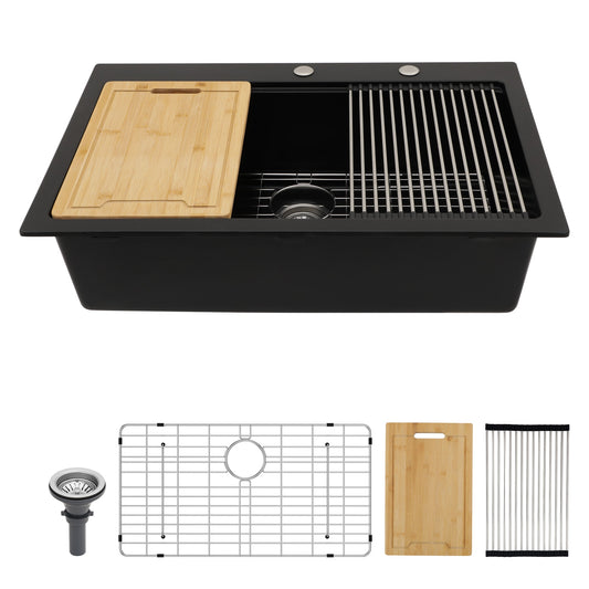 LIVIZA Granite Composite Kitchen Sink Drop-in 33-in x 22-in Quartz Single bowl Workstation Kitchen Sink with Drainboard
