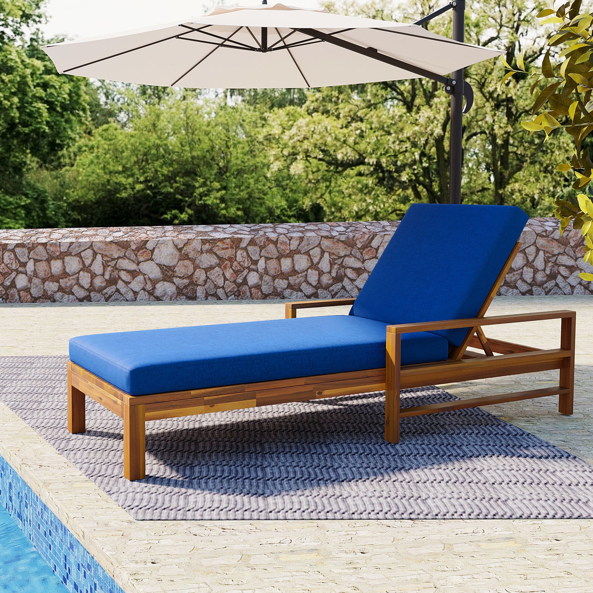 Rbied Patio chair Brown Wood Frame Stationary Chaise Lounge Chair with Blue Cushioned Seat