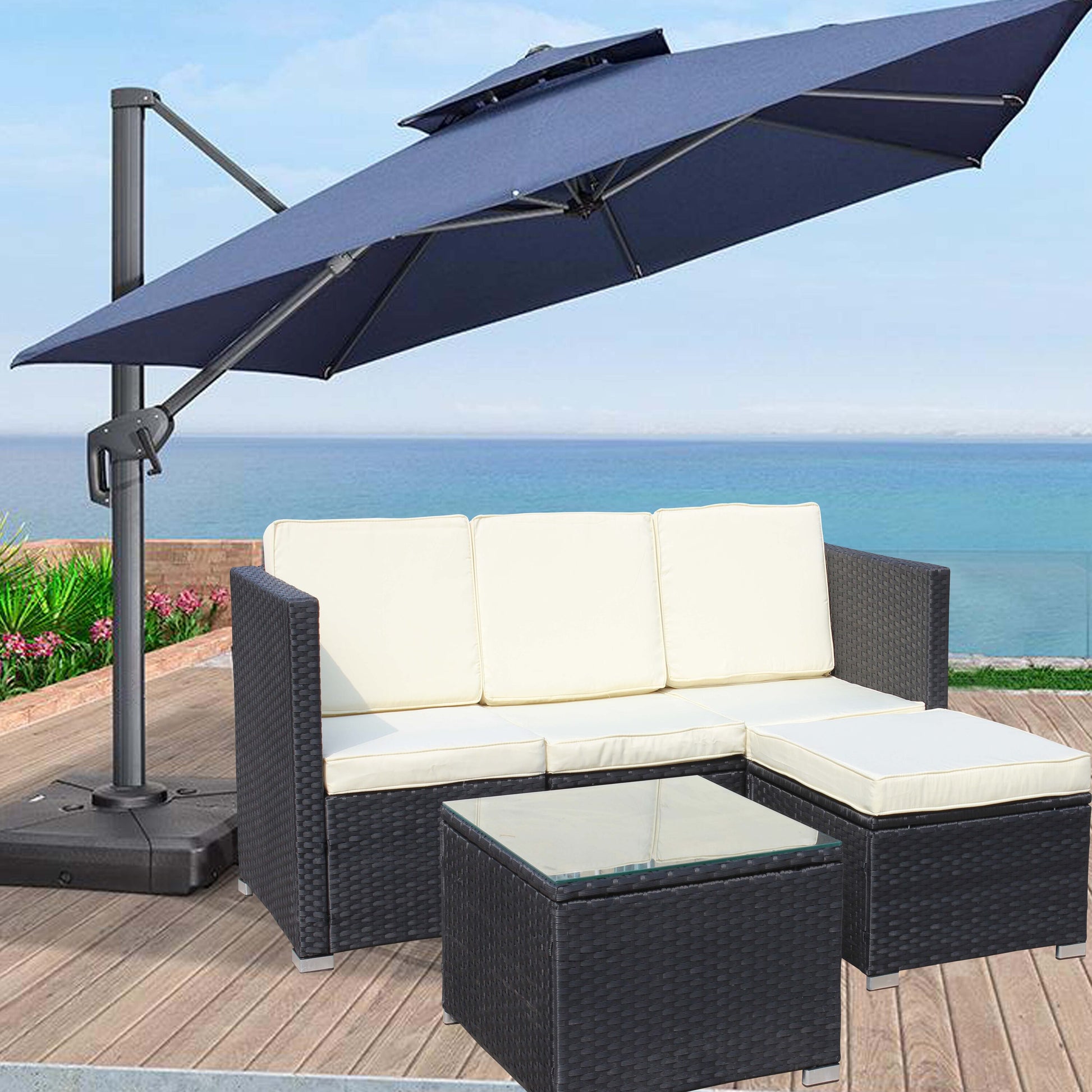 Rbied Patio Section Sofa Rattan Outdoor Sectional with Beige Cushions and Wood Frame