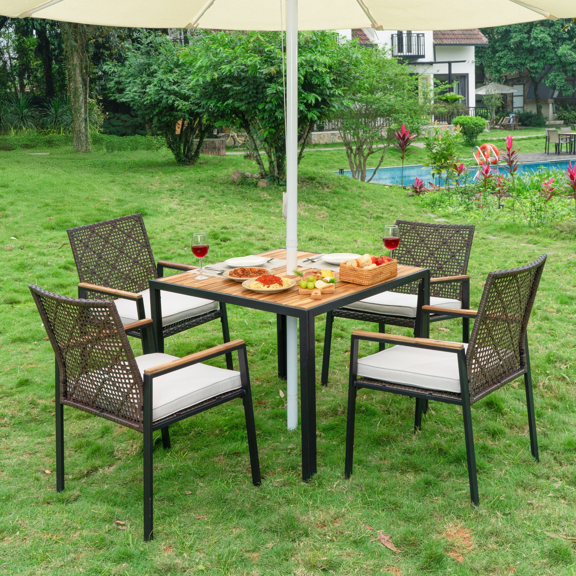 Rbied Patio dining set 5 -Piece Brown Wicker Patio Dining Set Wood Square Table with 4 Gray Cushions Stationary Chairs