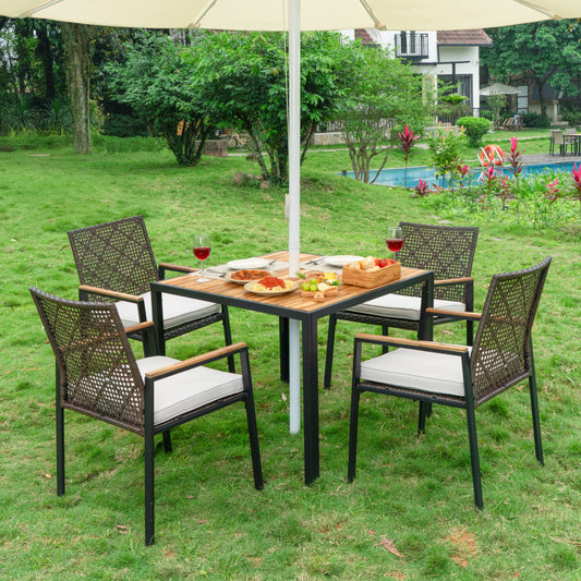 Rbied Patio dining set 5 -Piece Brown Wicker Patio Dining Set Wood Square Table with 4 Gray Cushions Stationary Chairs