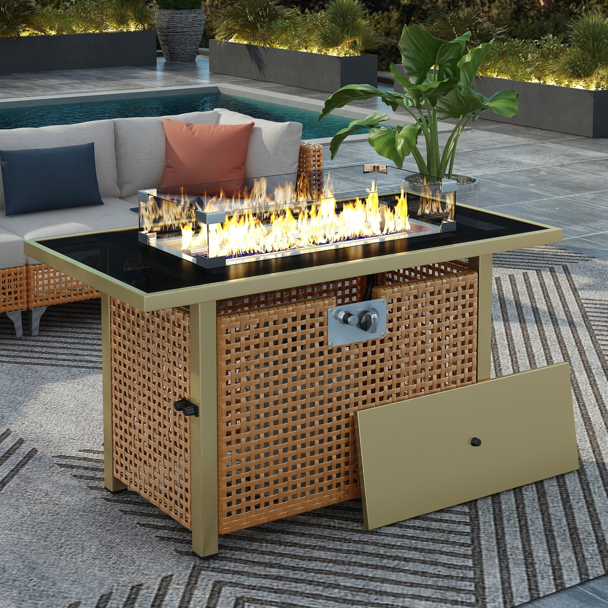 Tatayosi KK 43 Inches Propane Gas Fire Pit Table 60000 BTU Rectangular Open Weave Wicker Fire Pit with Glass Wind Guard for Outside Patio Deck Garden Backyard - Orange Mustard Yellow