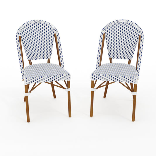 Martha Stewart Lily Pond Set of 2 Indoor-Outdoor Stackable Bistro Chairs with Natural Woodgrain Aluminum Finish Frames and White/Navy Woven Rattan Backs/Seats
