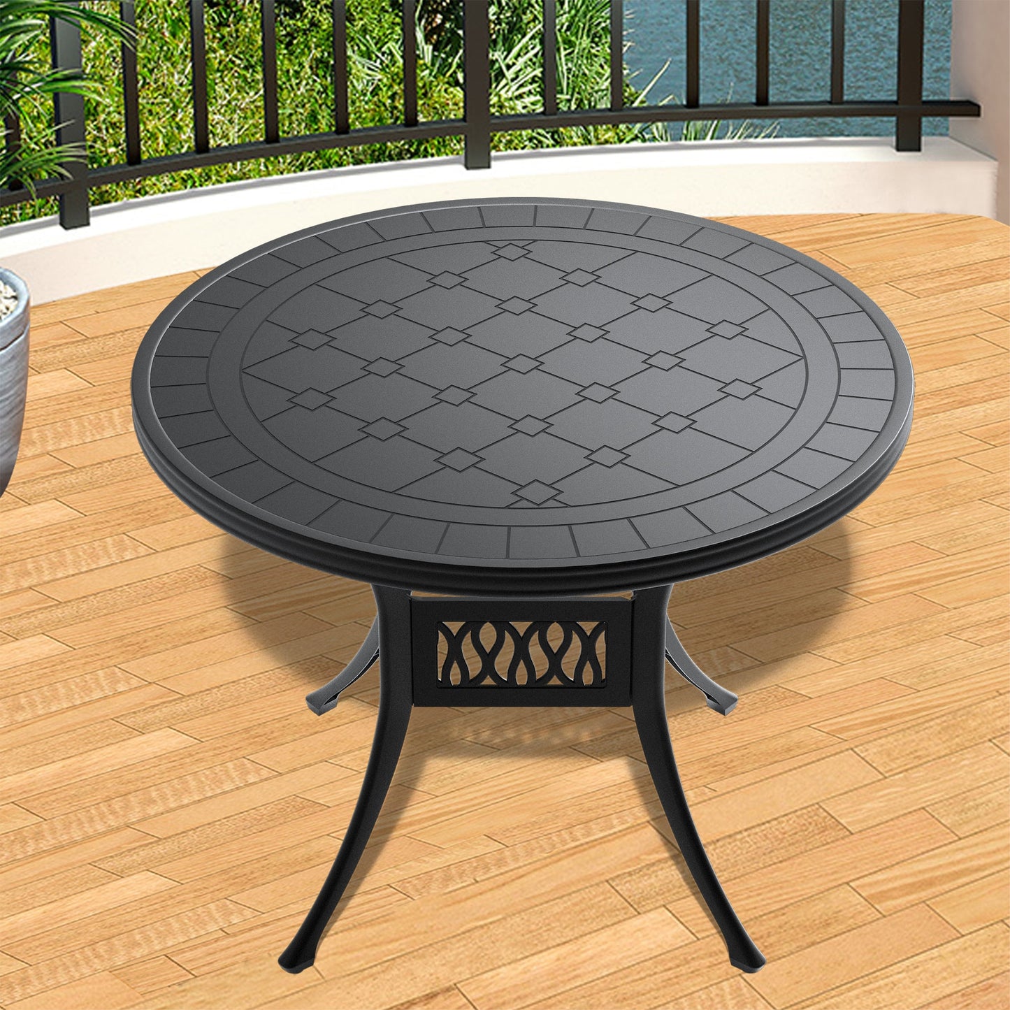 LOVMOR 3937 Inch Cast Aluminum Patio Dining Table Black Frame Carved Texture Top