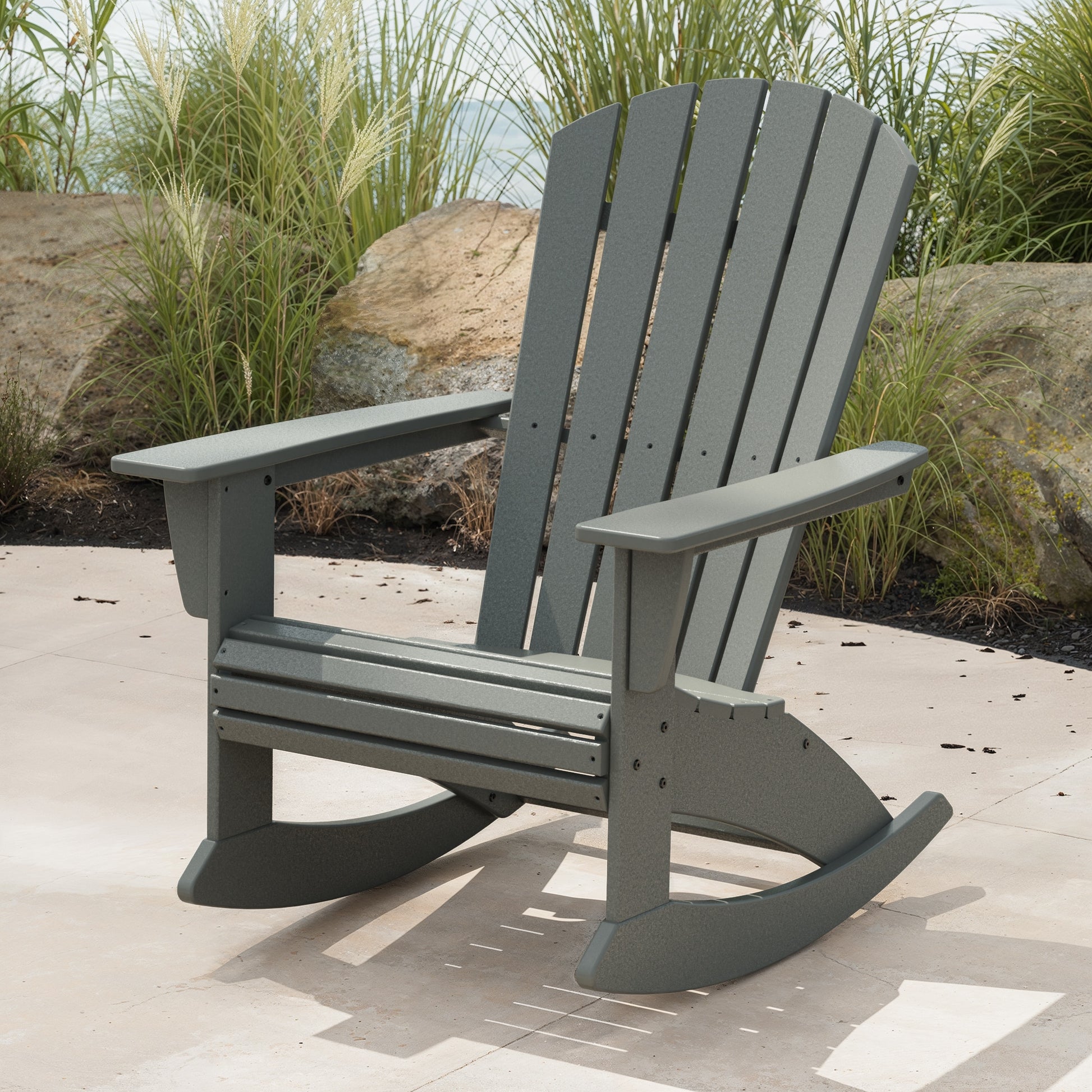 POLYWOOD Nautical Slate Grey Plastic Frame Rocking Chair with Slat Seat