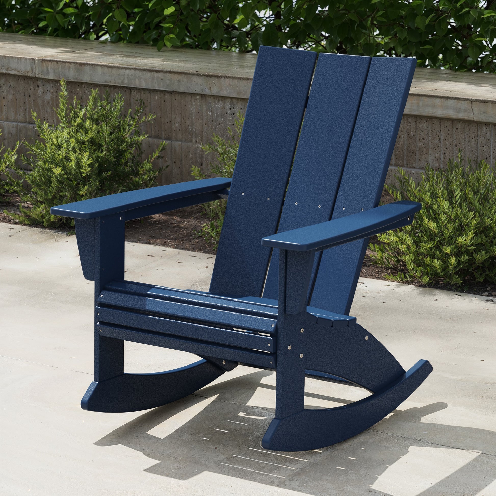 POLYWOOD Modern Adirondack Navy HDPE Frame Rocking Chair with Slat Seat