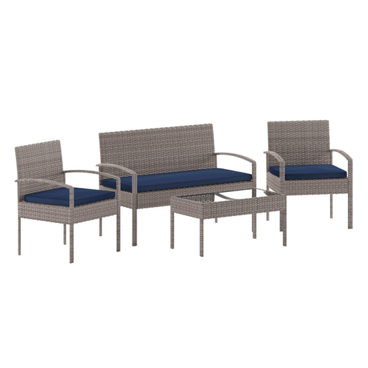 Flash Furniture Aransas Series 4 Piece Gray Patio Set with Steel Frame and Navy Cushions