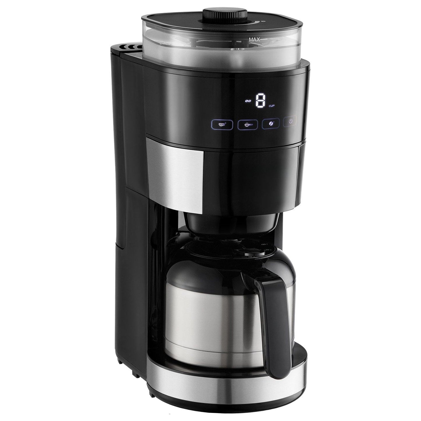8-Cup drip coffee machine with 3 brew intensity controls, glass karaoke