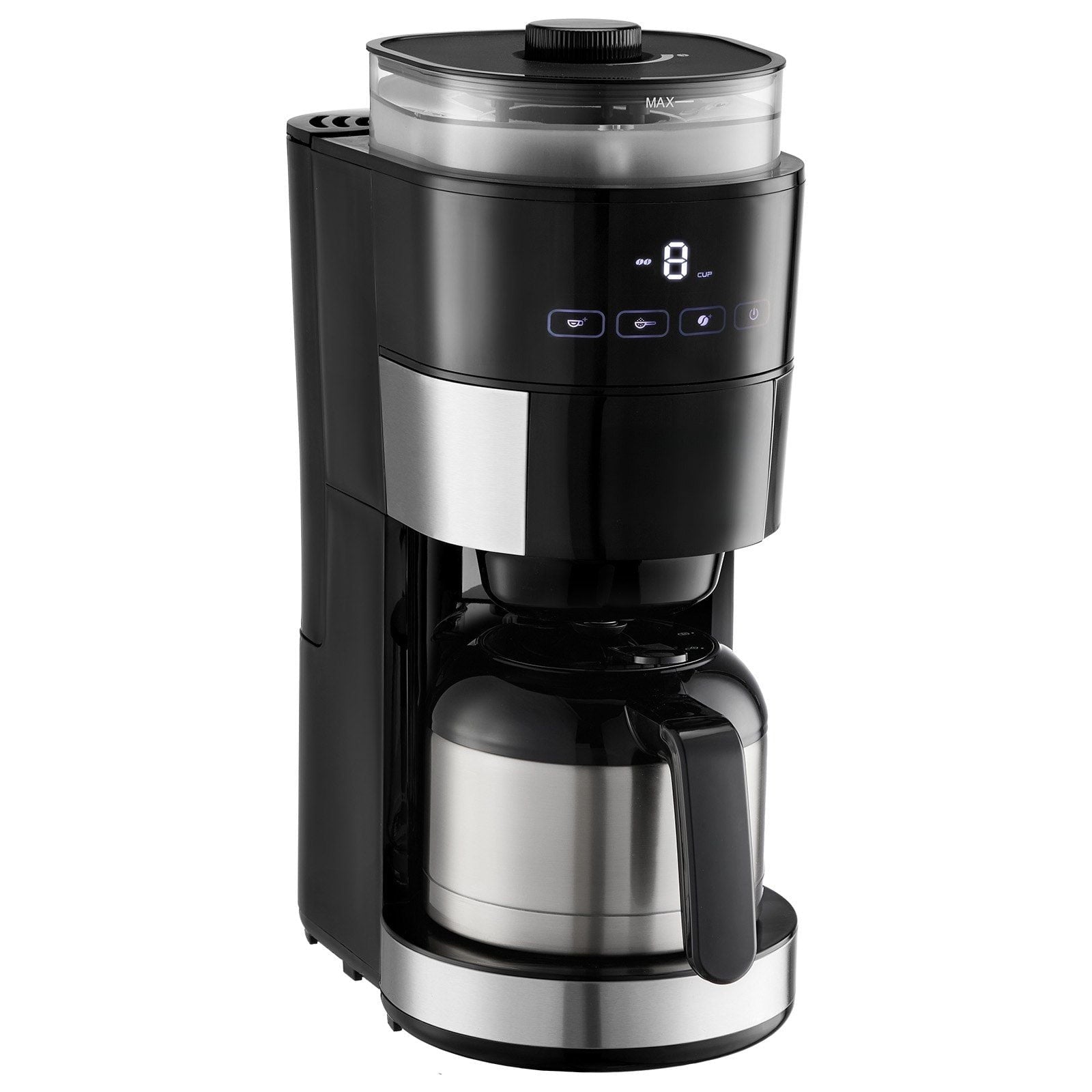 8-Cup drip coffee machine with 3 brew intensity controls, glass karaoke
