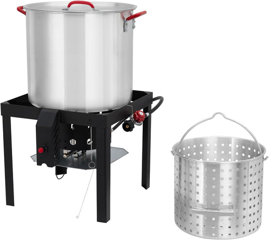 80 Qt Seafood Boil Pot, Aluminum Crawfish Boiler with Steam/Boil Basket & Strainer, 110000BTU Propane Jet Burner w/Support Rack & Lifting Hook, 0-10 PSI Regulator, Outdoor Cooking Shrimp Crab Boiler