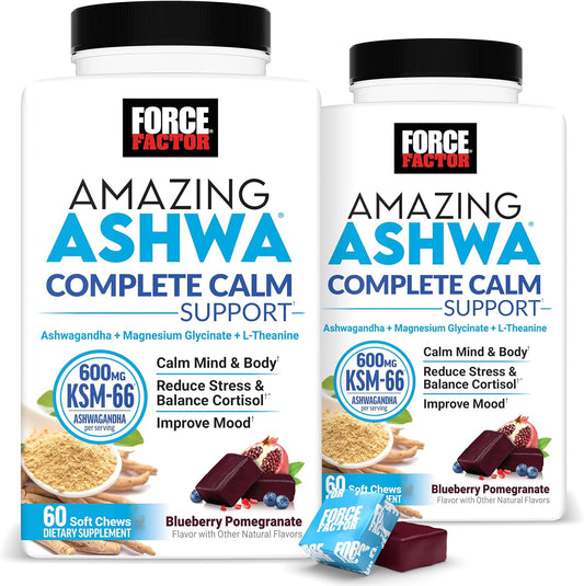 FORCE FACTOR Amazing Ashwa Complete Calm Support, KSM-66 Ashwagandha, Like Ashwangandha Gummies to Promote Calm & Relaxation with Magnesium & L-Theanine, Blueberry Pomegranate, 120 Soft Chews, 2-Pack