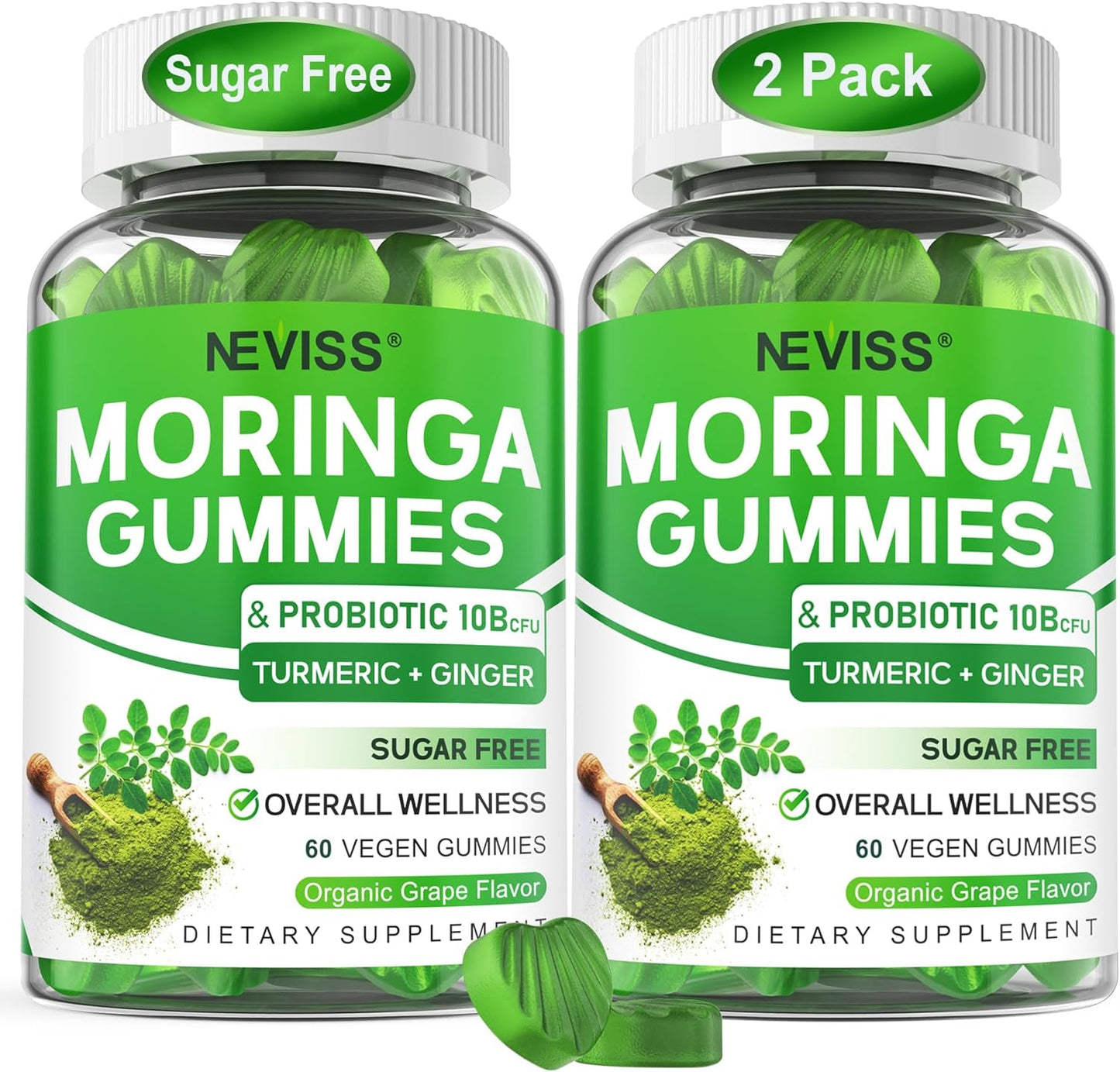 Moringa Gummies for Women Men w\/Probiotic Turmeric Ginger Ceylon Cinnamon, Sugar Free, Organic Moringa Powder Capsules Alternatives, Pure Moringa Leaves Green Superfood Supplement - Vegan, 120Cts