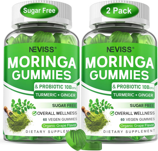 Moringa Gummies for Women Men w\/Probiotic Turmeric Ginger Ceylon Cinnamon, Sugar Free, Organic Moringa Powder Capsules Alternatives, Pure Moringa Leaves Green Superfood Supplement - Vegan, 120Cts