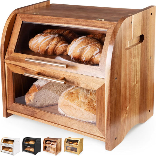 Arise Stylish Acacia Bread Box for Kitchen Countertop, Extra Large 2-Shelf Wooden Bread Storage Container with Clear Windows and Air Vents Keep Bread, Bagels and Rolls Fresh, Self Assembly