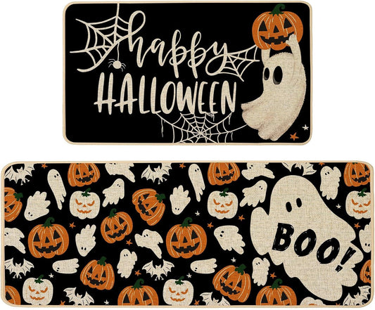 Baccessor Happy Halloween Kitchen Mats Set of 2, Ghost Pumpkin Bat Boo Spider Web Kitchen Rugs for Floor Low-Profile Farmhouse Fall Halloween Party Home Decor 17x29 and 17x47 Inch