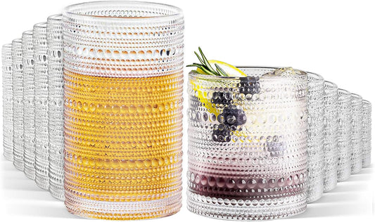 GOROGILE Hobnail Drinking Glasses Set of 12, 12 oz Highball Glassware & 10 oz Cocktail Glasses, Vintage Embossed Beaded Glass Cups for Kitchen,Beer,Soda, Whiskey,and Beverages,Dishwasher Safe