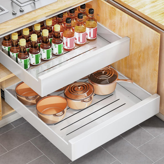 Pull out Cabinet Organizer, 21"Deep, Heavy Duty Full-Extension Slide out Drawers for Kitchen Cabinets with Nano Adhesive, Roll Out Shelf Sliding Cabinet for Pots, Bathroom, Pantry, Under Sink, White