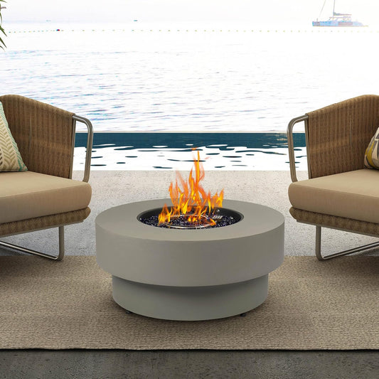 Propane Outdoor Fire Pit Table, Flint & Concrete Look 32.5-inch Round Patio Propane Fire Table 50,000 BTU w\/Lid, Glass Rocks, Cover, Pre-Attached 10ft Hose