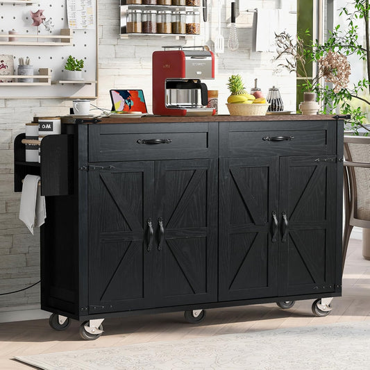 Jintop 53.5''Farmhouse Kitchen Island with Power Outlet,Storage Cart W\/Drop Leaf\/Spice Rack\/Drawer,Rolling KitchenCart on Wheels,for Home,Dining Room,Black