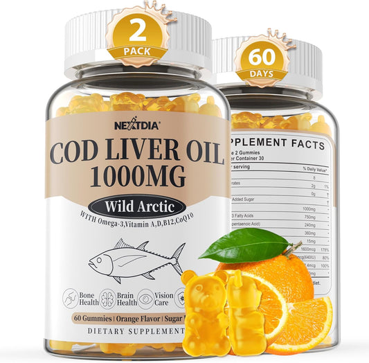 Cod Liver Oil 1000mg Gummies for Adults & Kids, with Vitamin A & D3 - Omega 3 Fish Oil Alternative - DHA 360mg & EPA 240mg for Brain, Bone, Eye & Immune Health, Sugar Free, 120 Cts