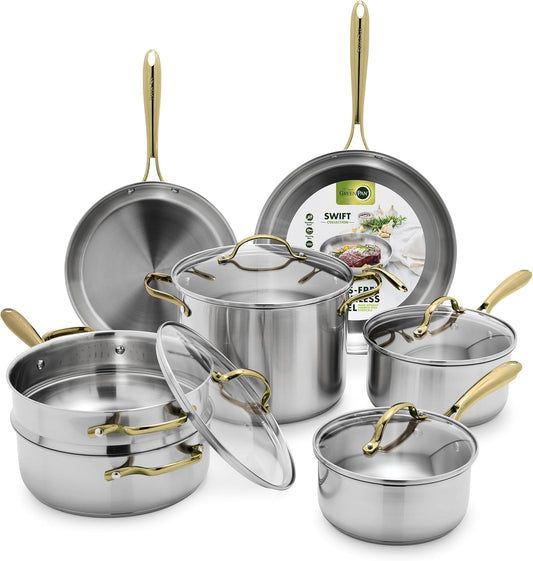 GreenPan 11 Piece Stainless Steel Cookware Set, Induction Ready, Tri-Ply Multiclad Pots & Pans with Lids, Compatible on All Cooktops, Measurement Markings, Dishwasher & Oven Safe, Swift, Gold Handles
