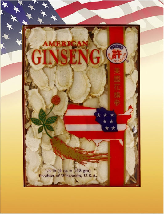 Hsu's American Ginseng Slices | Cultivated Wisconsin-Grown | Mixed Large-Medium Slices (0126-4) | 4oz Box