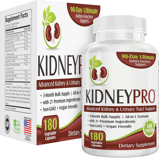 Kidney-PRO | 3-Month Supply with 21 Kidney Health Supplements | All-in-1 Blend | Kidneys & Urinary Tract Support Supplement | 90-Day Bulk Supply | 180 Capsules